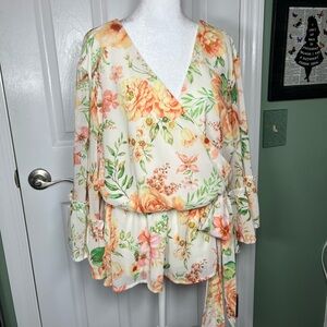 Womens 2X Fall Floral Blouse Faux Wrap Front w/Bell Sleeves EUC